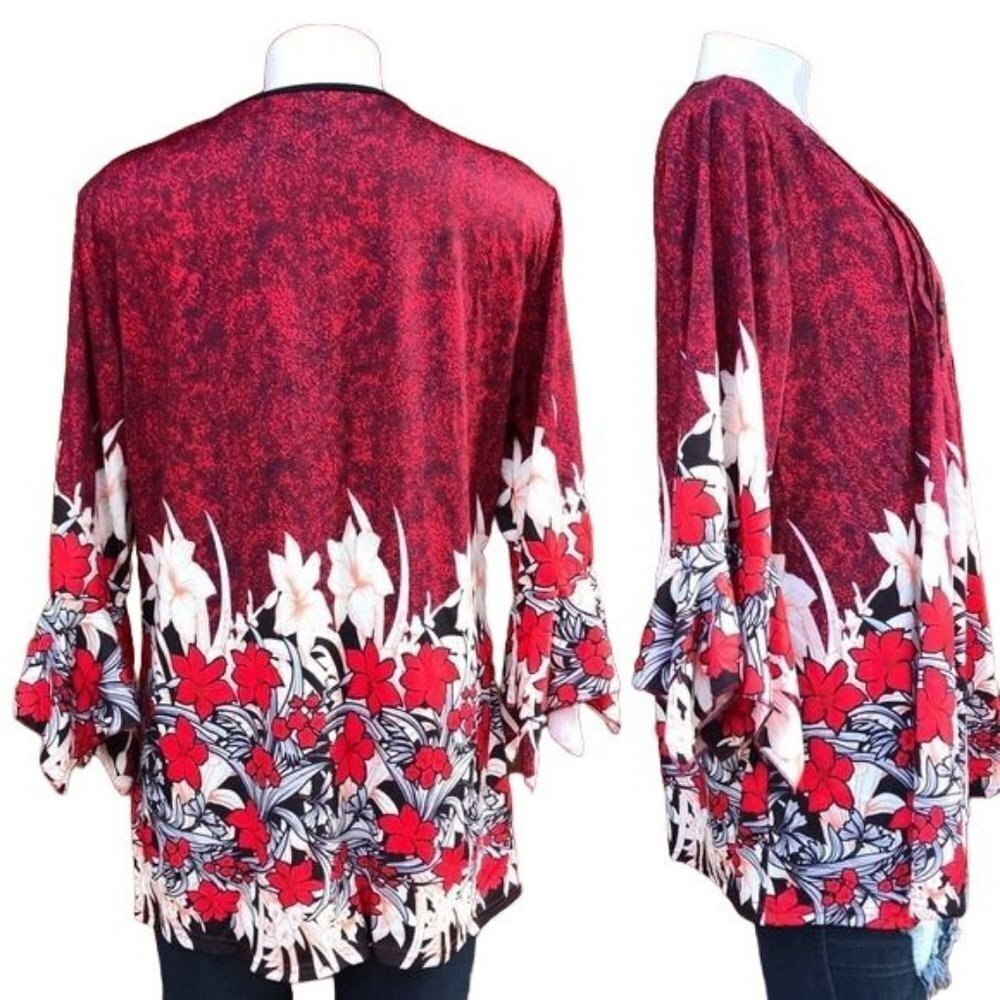 Red Floral 3/4 Sleeve Long Top Shirt Dress Size XL - Picture 8 of 8